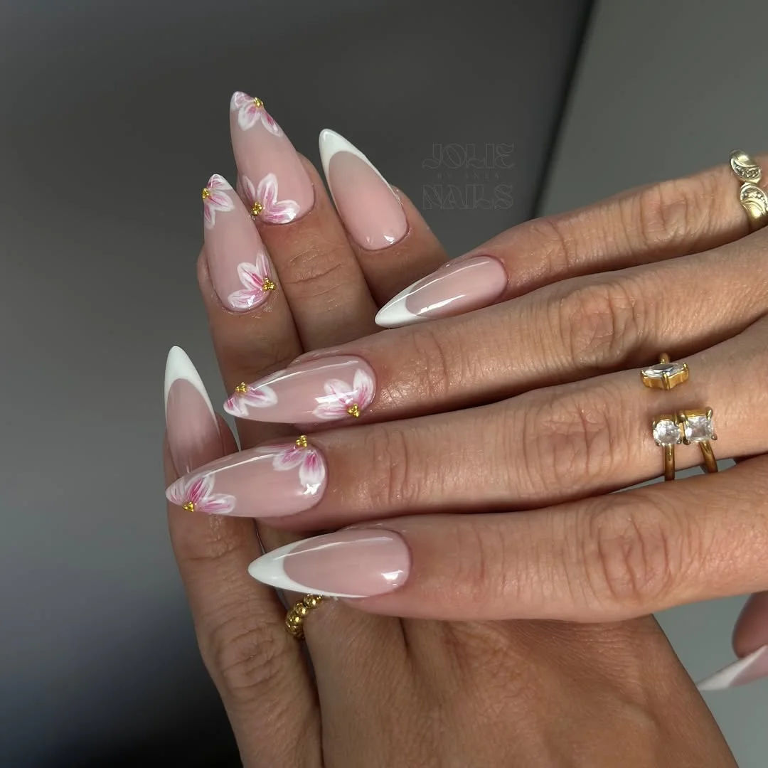 summer flower nails 2026 Soft Pink Floral French Tip Almond Nails