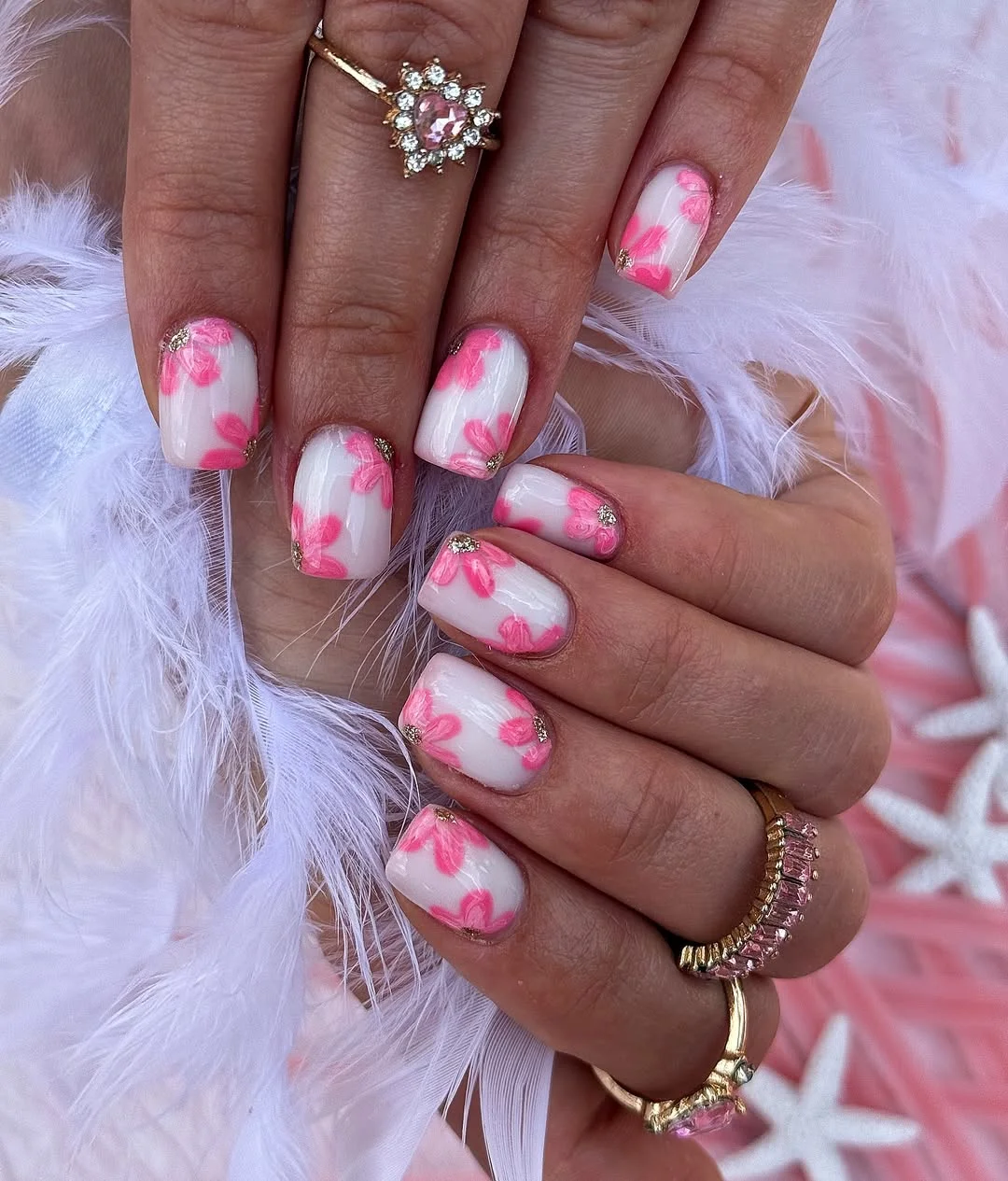 summer flower nails 2026 Pink Floral Square Nails With Glossy Finish