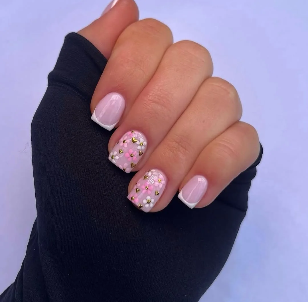 summer flower nails 2026 Pink Floral French Tip Square Nails