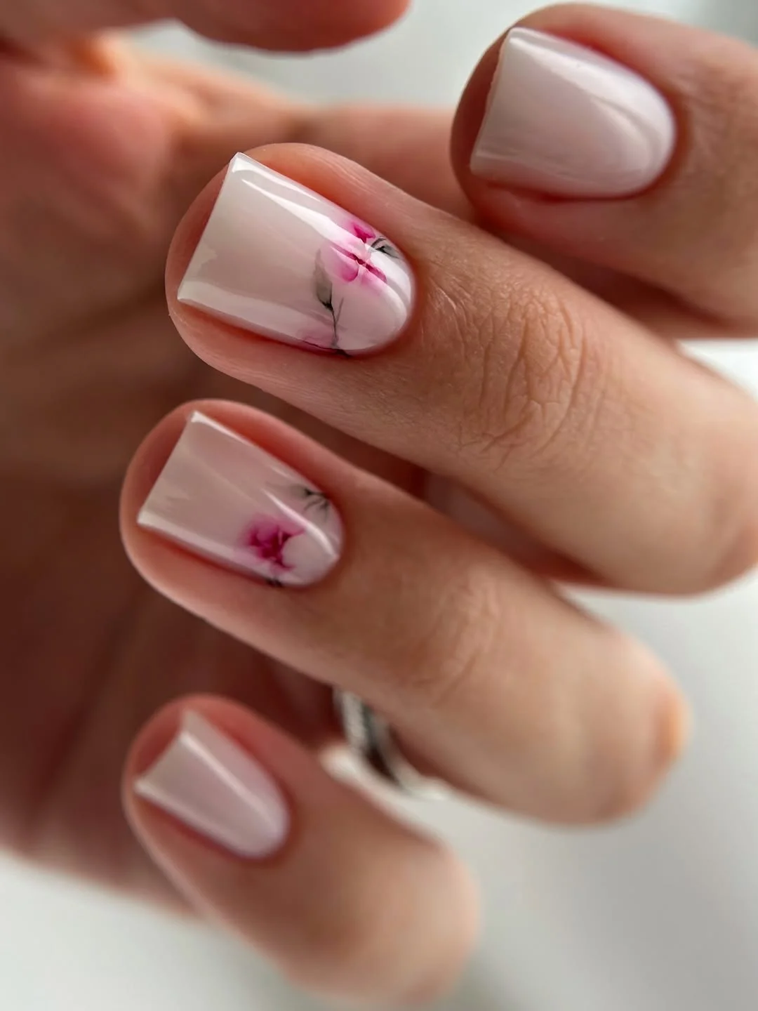 summer flower nails 2026 White Square Nails With Pink Floral Art