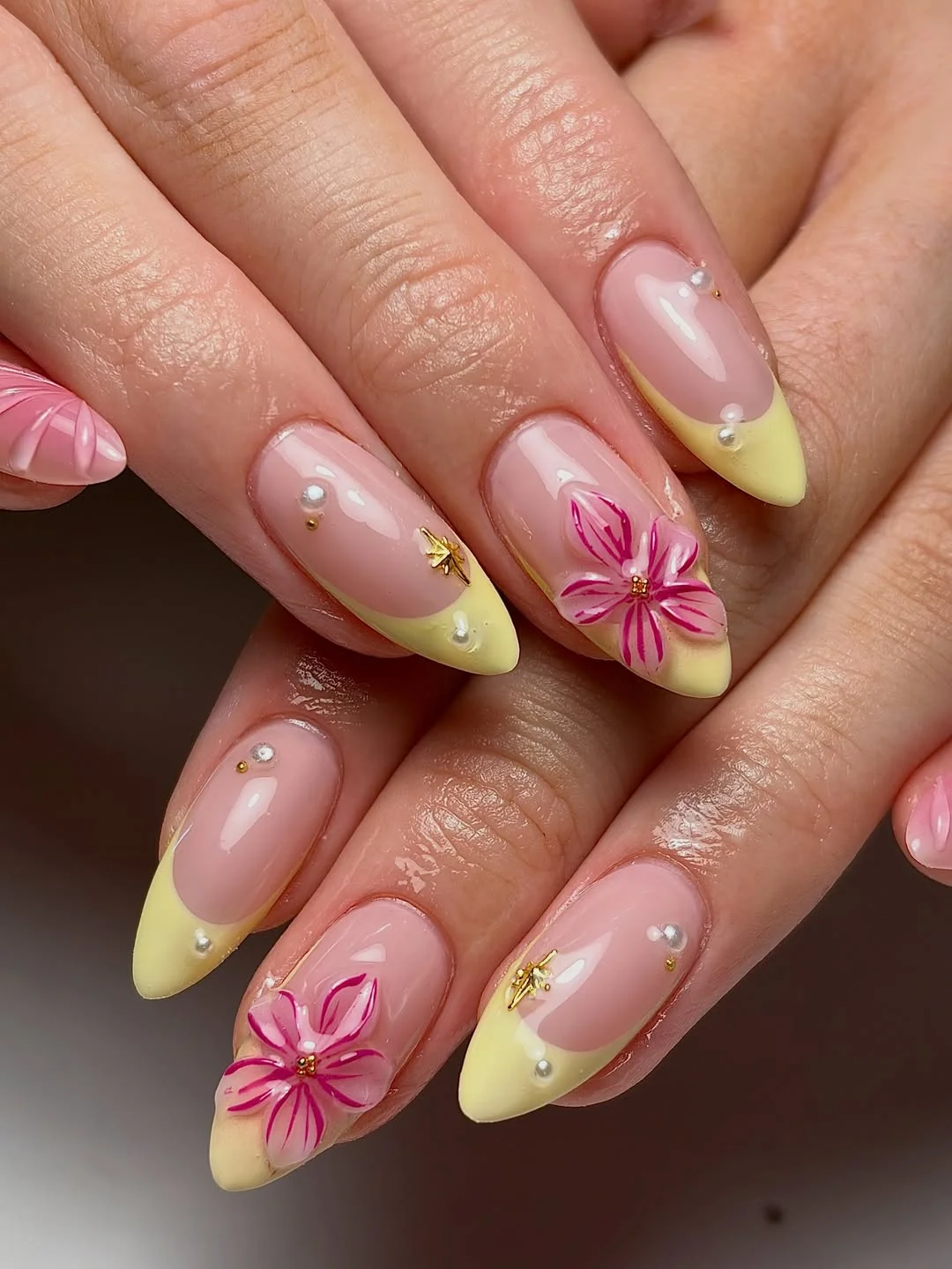 summer flower nails 2026 Yellow French Floral Almond Nails