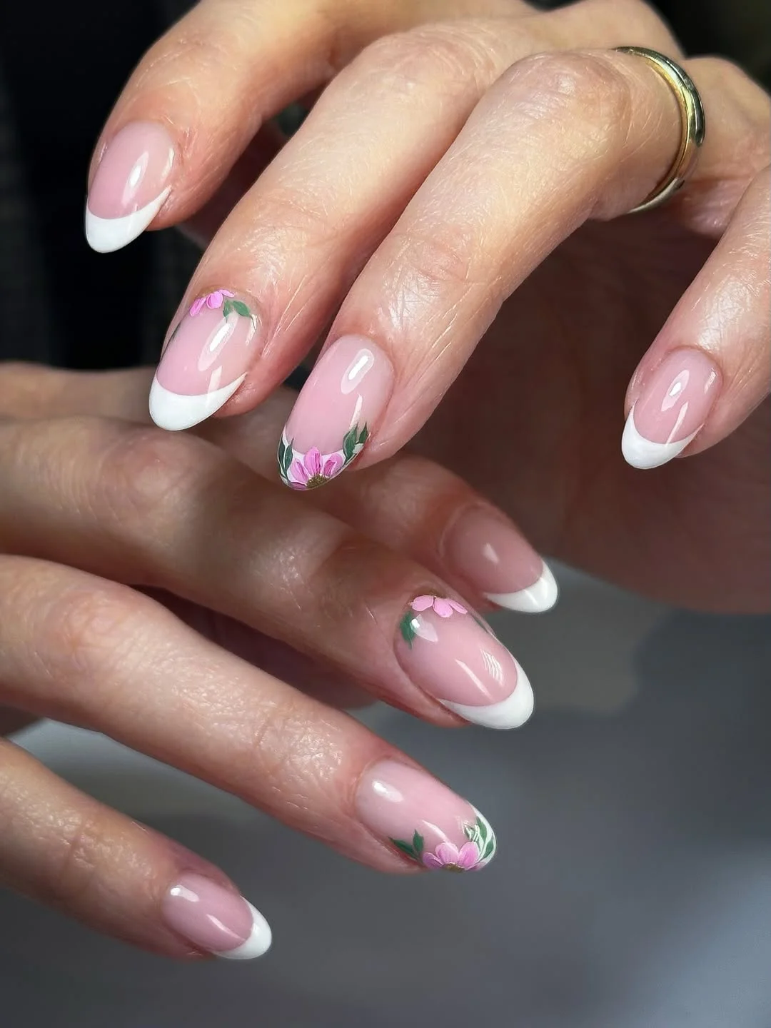 summer french nails ideas 2026 Classic Floral French Manicure With Soft Botanical Art