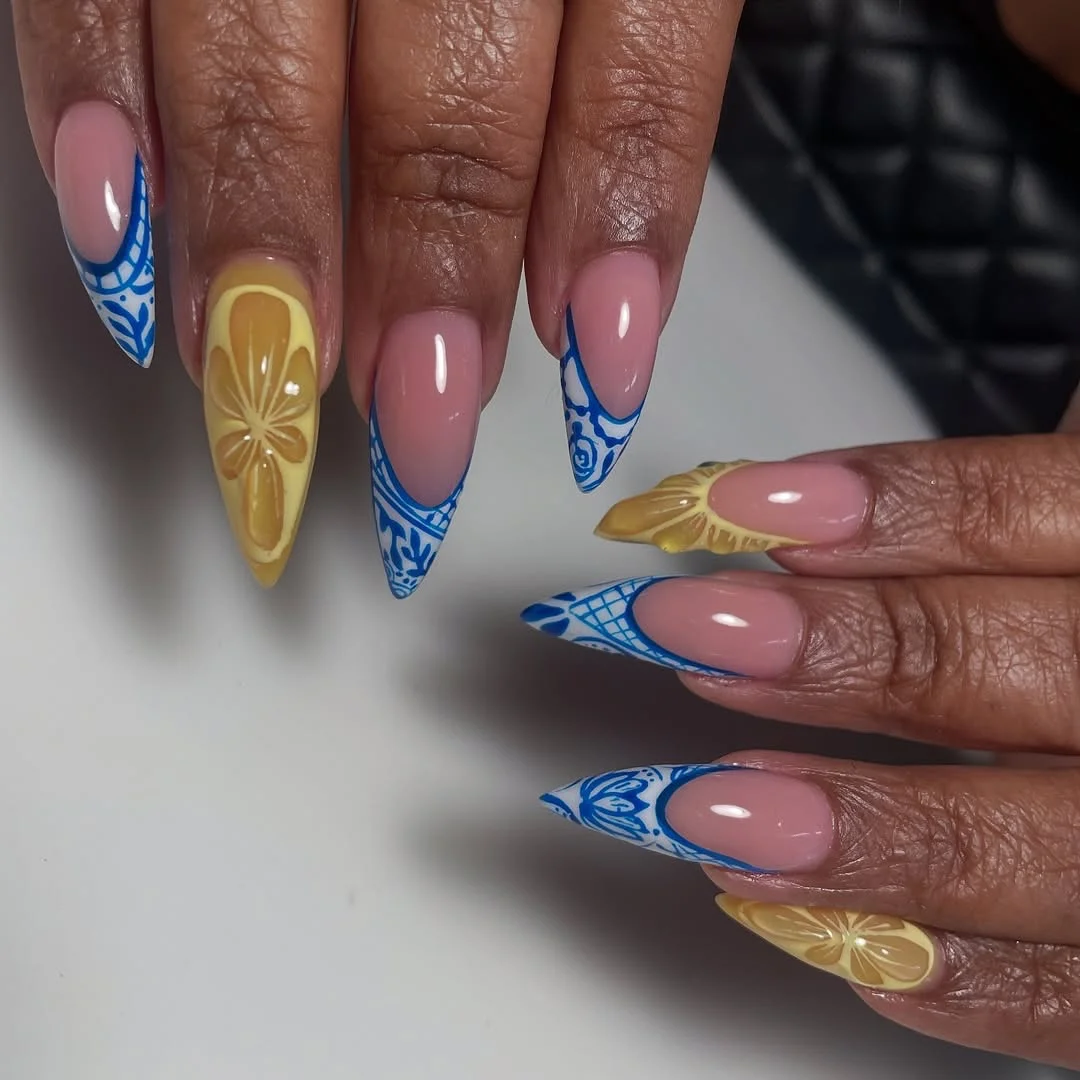 summer french nails ideas 2026 Blue Mediterranean Almond French Nails With Lemon Art