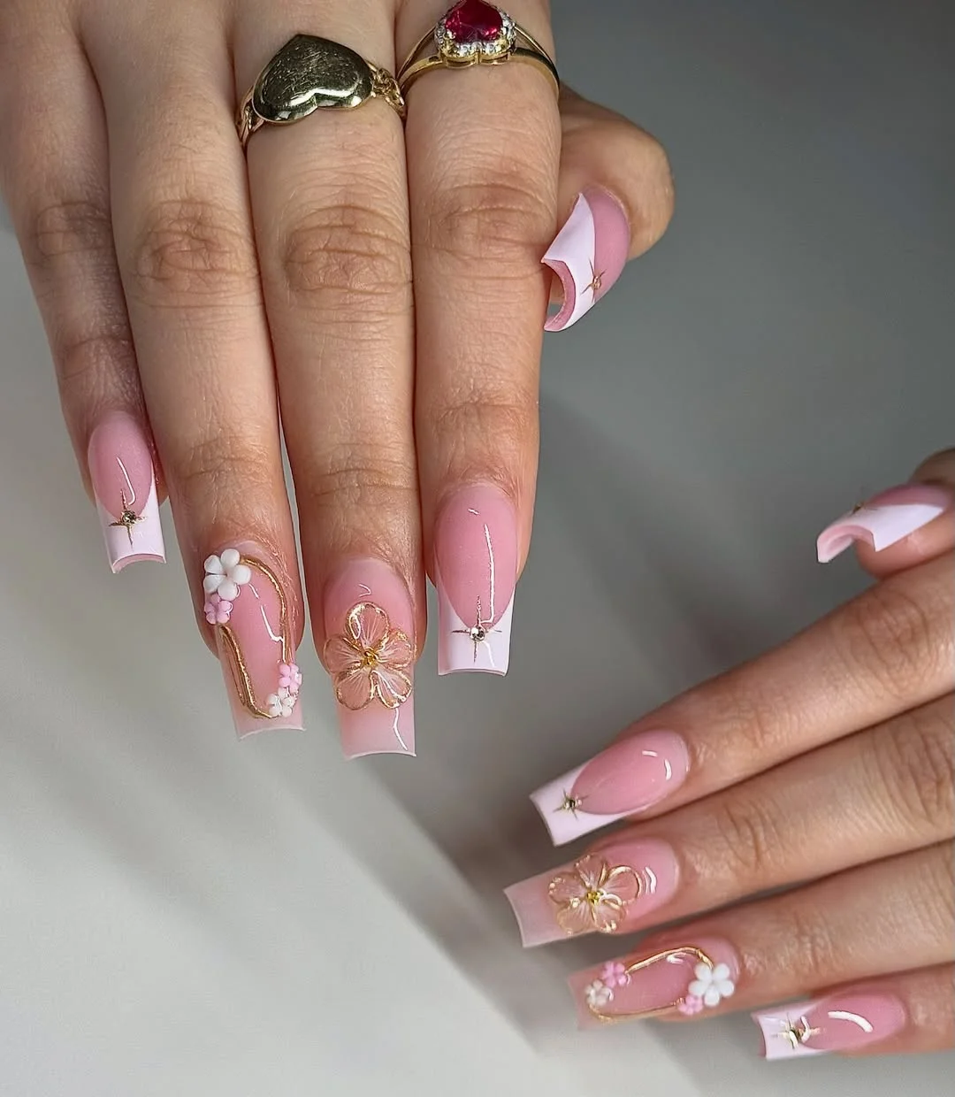 summer french nails ideas 2026 Pink Acrylic French Nails With Floral 3D Art