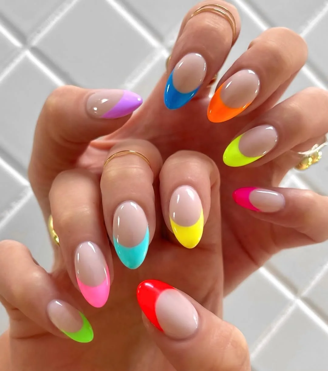 summer french tip nails 2026 Rainbow French Tips With a Playful Neon Twist