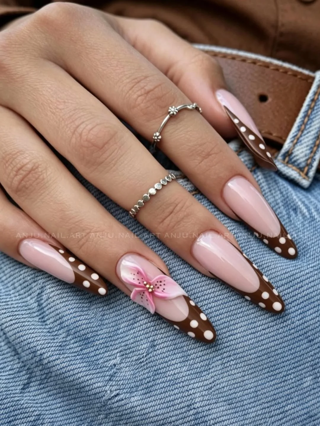 summer french tip nails 2026 Chocolate French Tips With Floral Almond Details