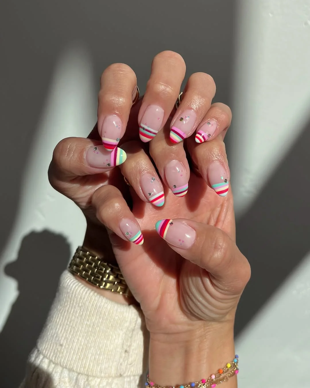 summer french tip nails 2026 Rainbow Stripe French Nails