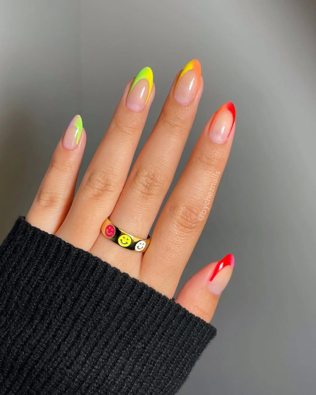 summer french tip nails 2026 Bright Neon Almond French Tips