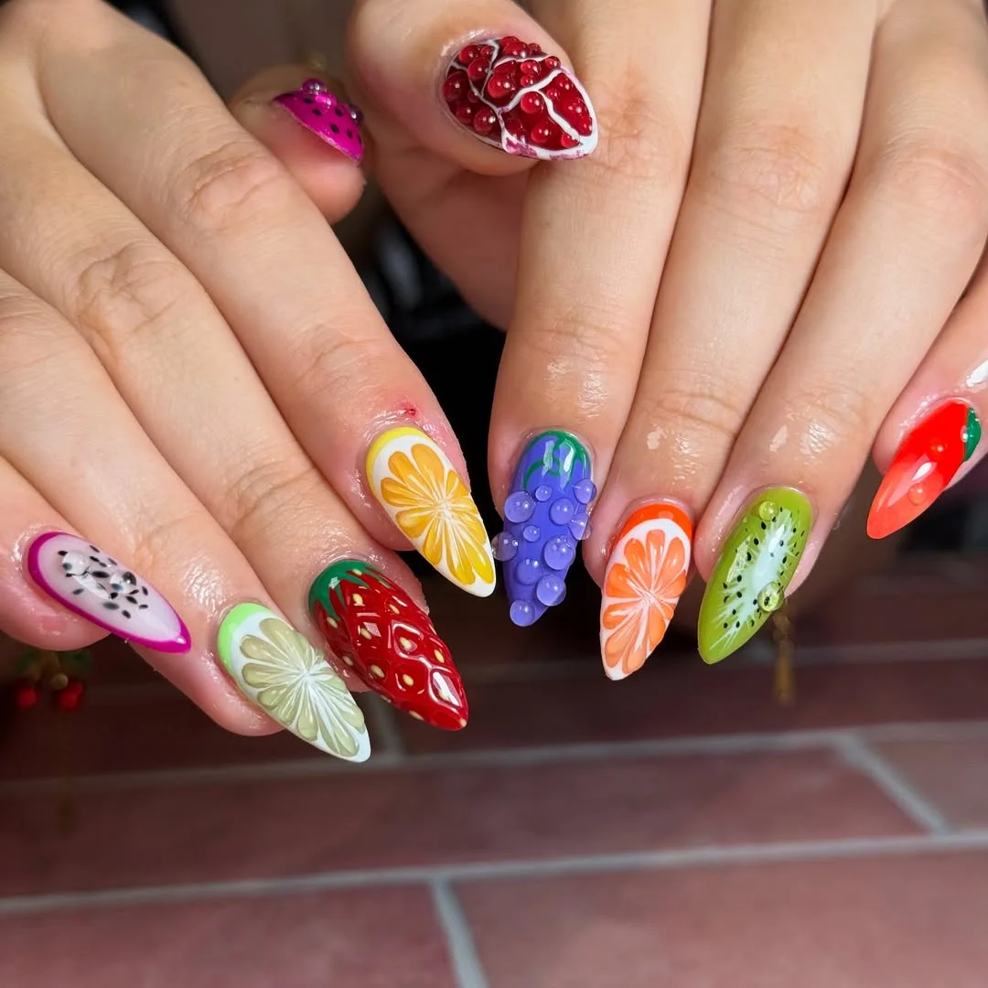 summer fruits nail art 2026 Juicy Mixed Fruit Almond Nails
