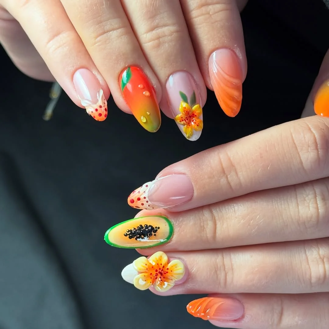 summer fruits nail art 2026 Tropical Papaya And Floral Summer Mix