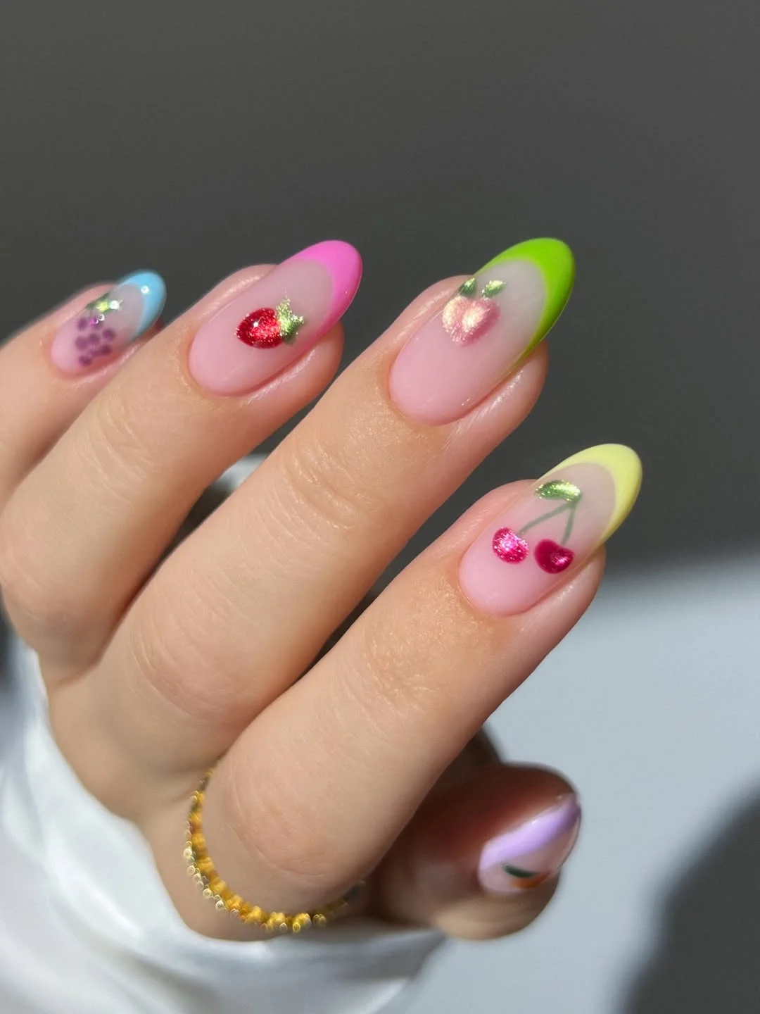 summer fruits nail art 2026 Cherry French Tips With Pastel Candy Colors