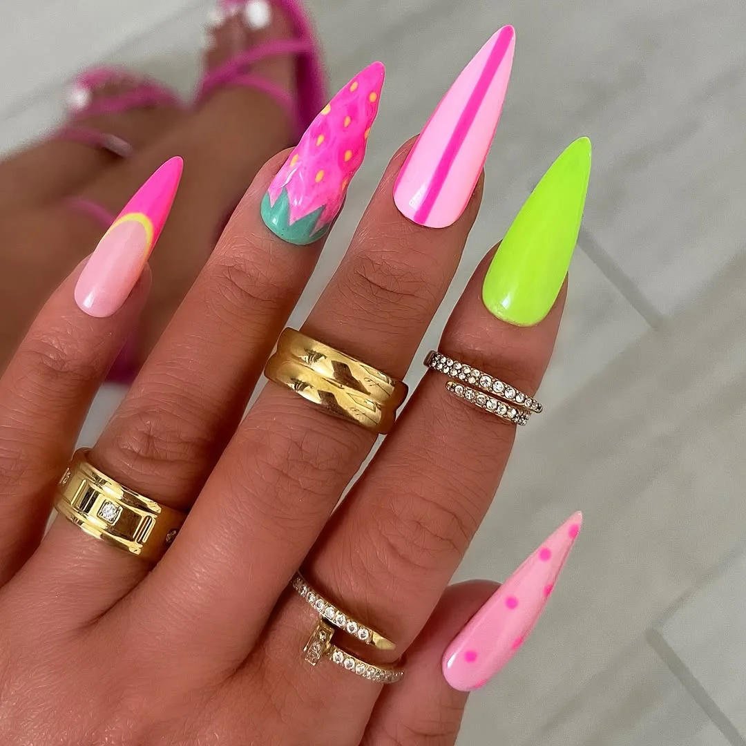summer fruits nail art 2026 Bright Strawberry Acrylic Nails With Neon Energy