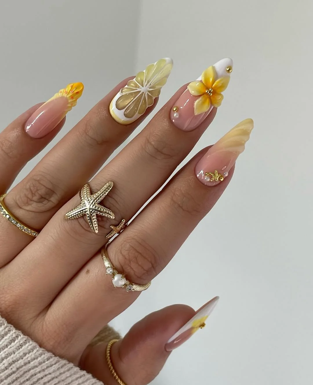 summer fruits nail art 2026 Lemon Blossom Almond Nails With 3D Details