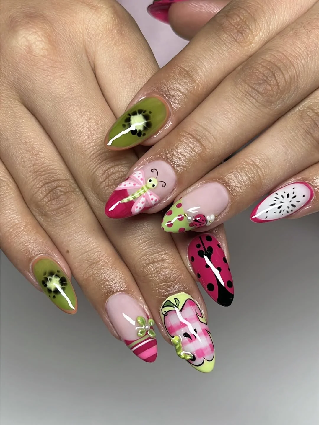 summer fruits nail art 2026 Kiwi And Dragon Fruit Art With Playful Pink Accents