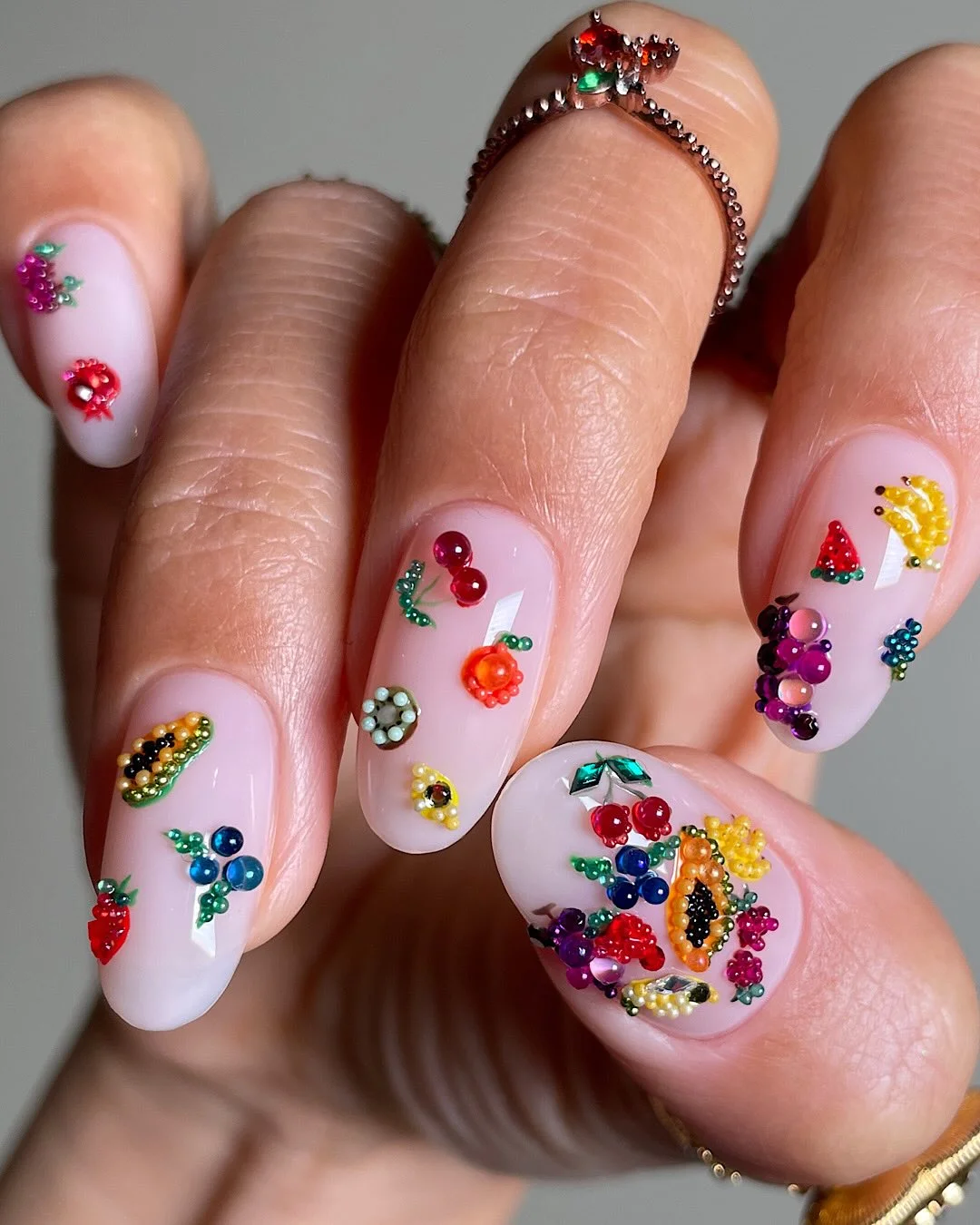 summer fruits nail art 2026 Mini Fruit Charms On Soft Pink Nails