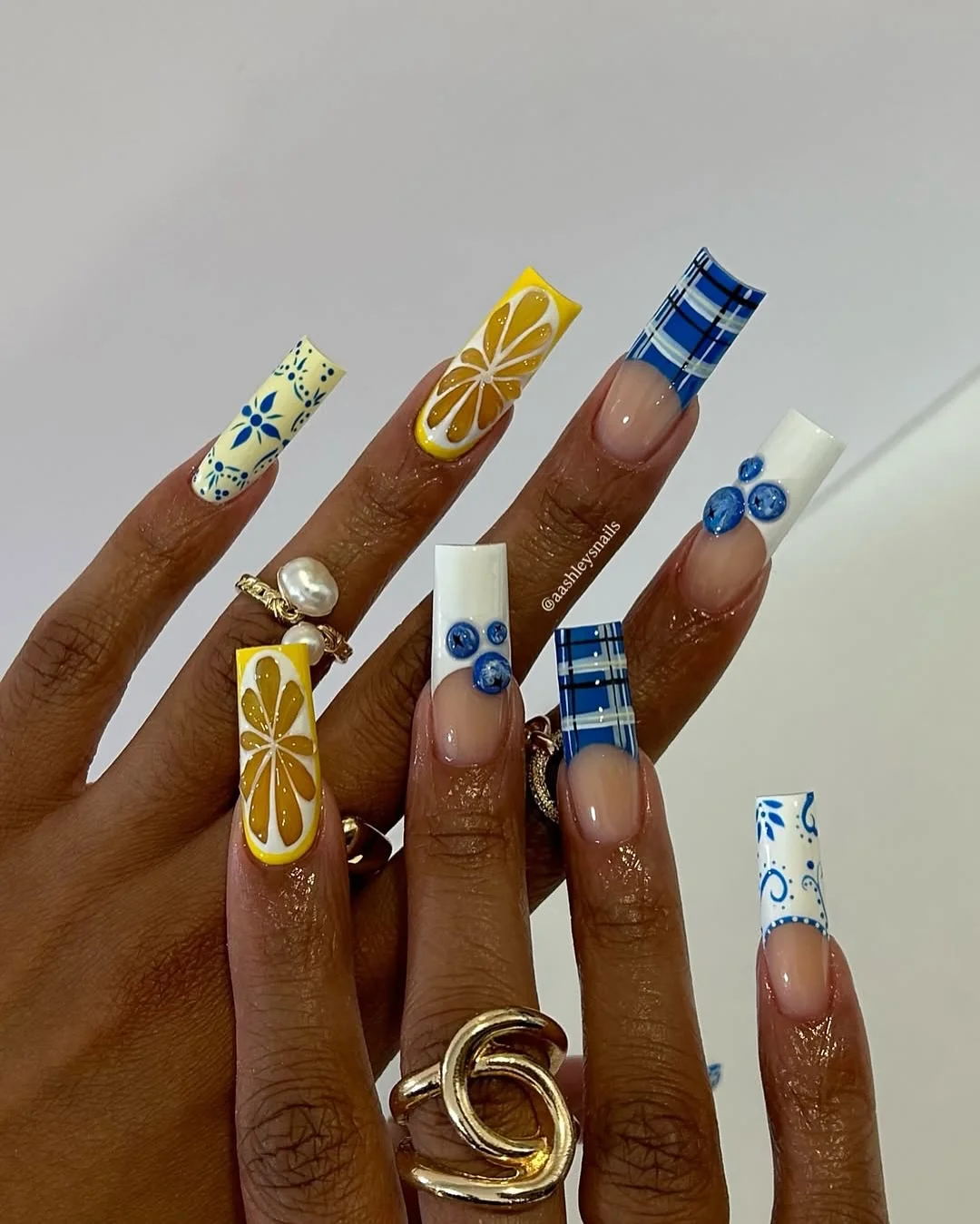summer fruits nail art 2026 Italian Lemon Plaid Square Set