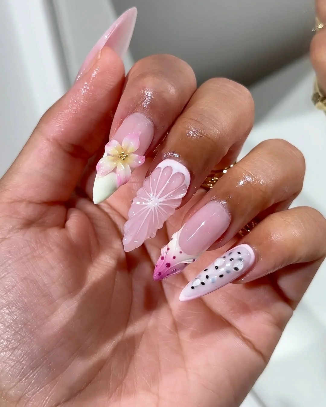 summer fruits nail art 2026 Soft Pink Dragon Fruit Almond Nails
