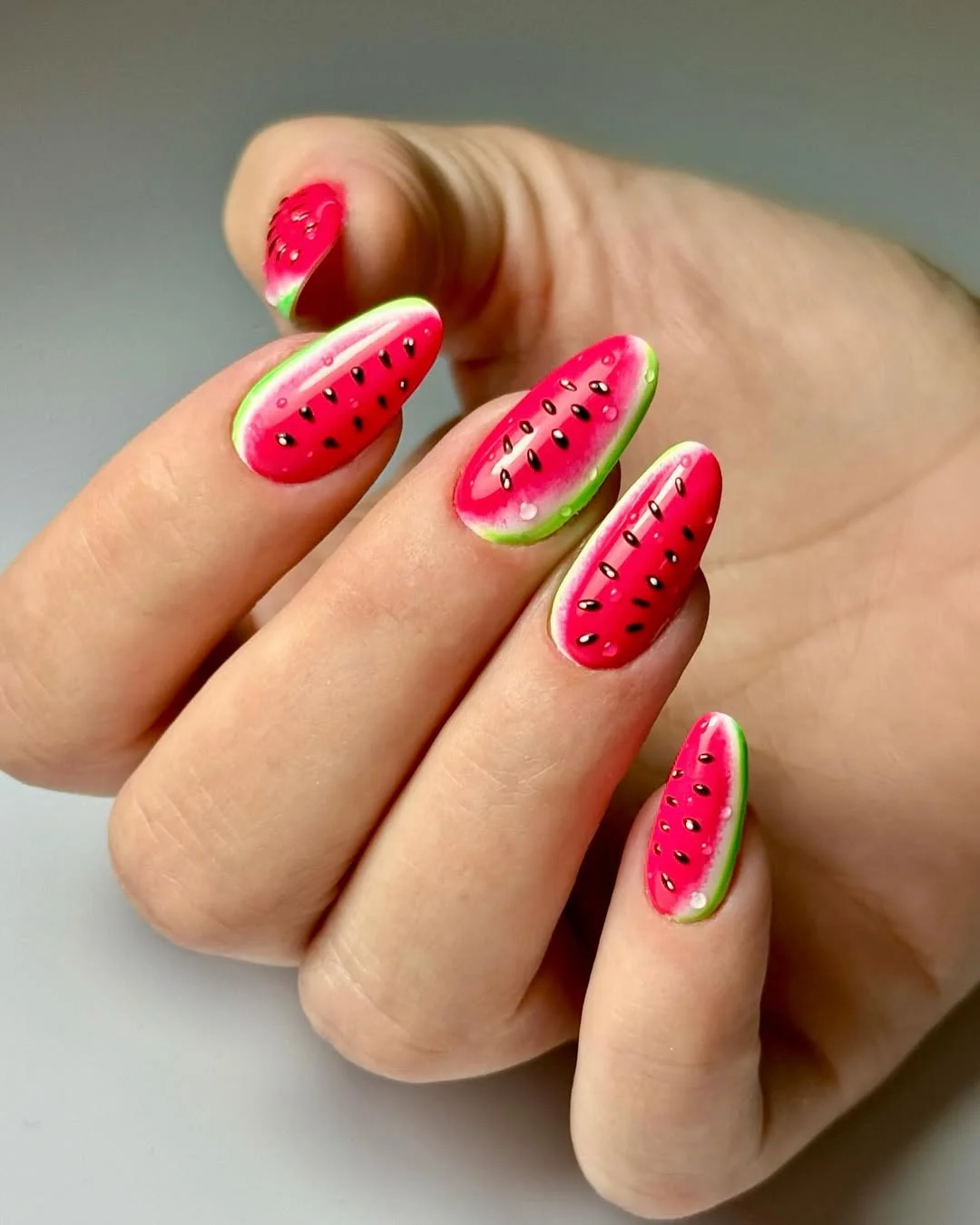summer fruits nail art 2026 Bright Watermelon Almond Nails