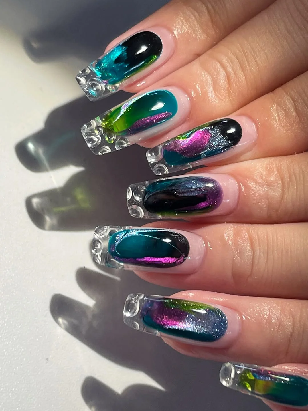 summer glitter nails 2026 Cosmic Jelly Glitter Nails With Glassy Square Tips