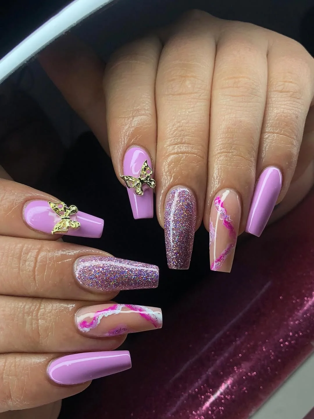 summer glitter nails 2026 Pink Glitter Coffin Nails With Butterfly Accents