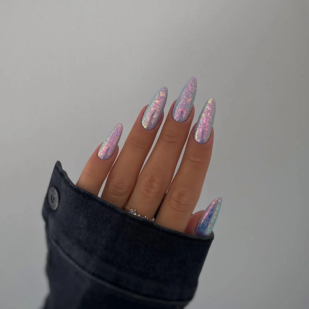 summer glitter nails 2026 Iridescent Almond Nails That Glow In The Sun