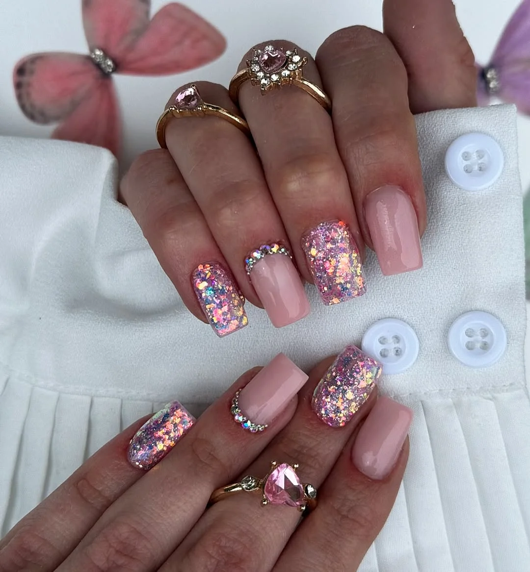 summer glitter nails 2026 Chunky Pink Glitter Square Nails