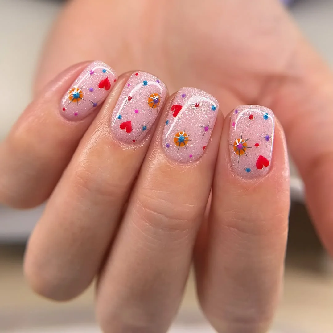 summer glitter nails 2026 Soft Lavender Glitter With Tiny Heart Art