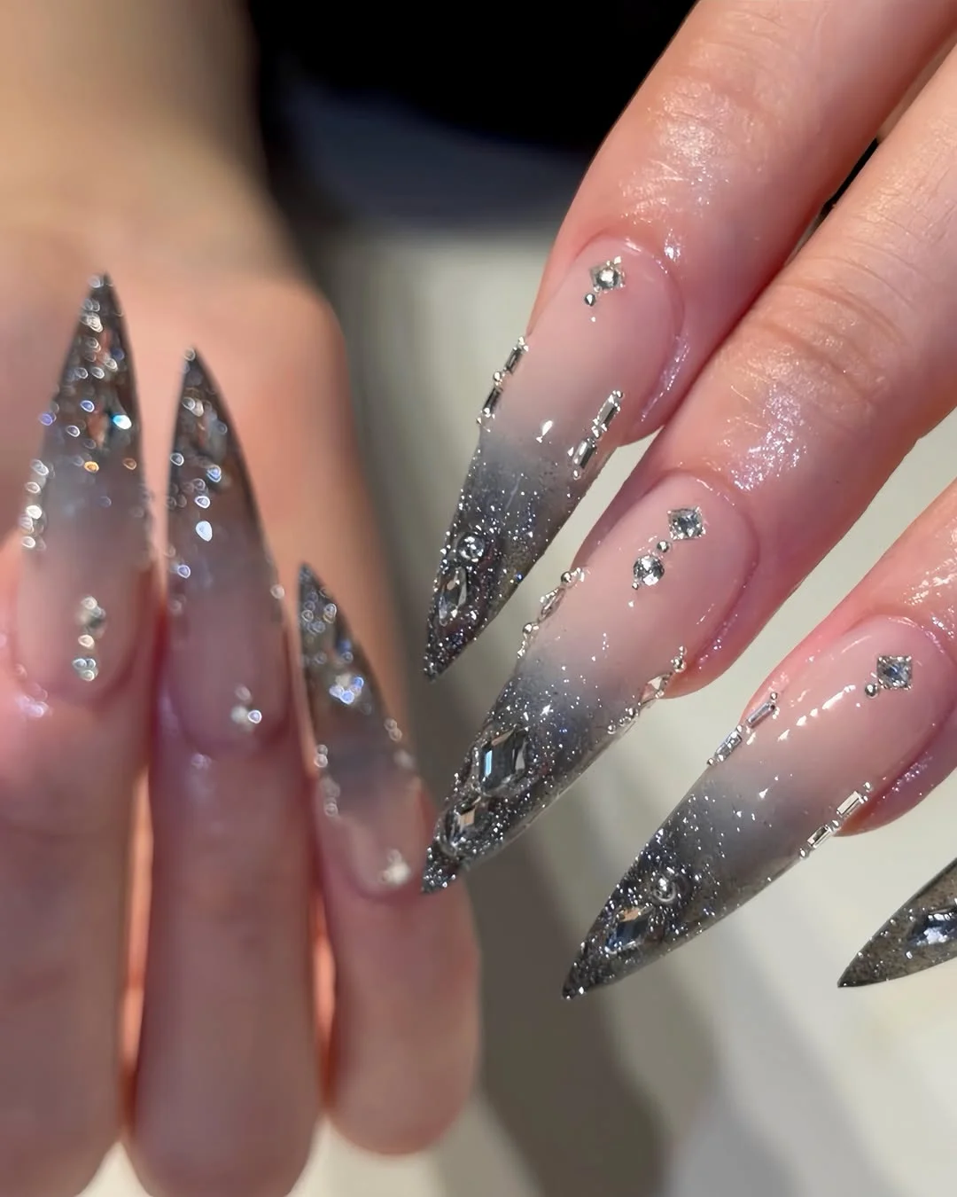 summer glitter nails 2026 Silver Ombre Stiletto Nails With Crystals