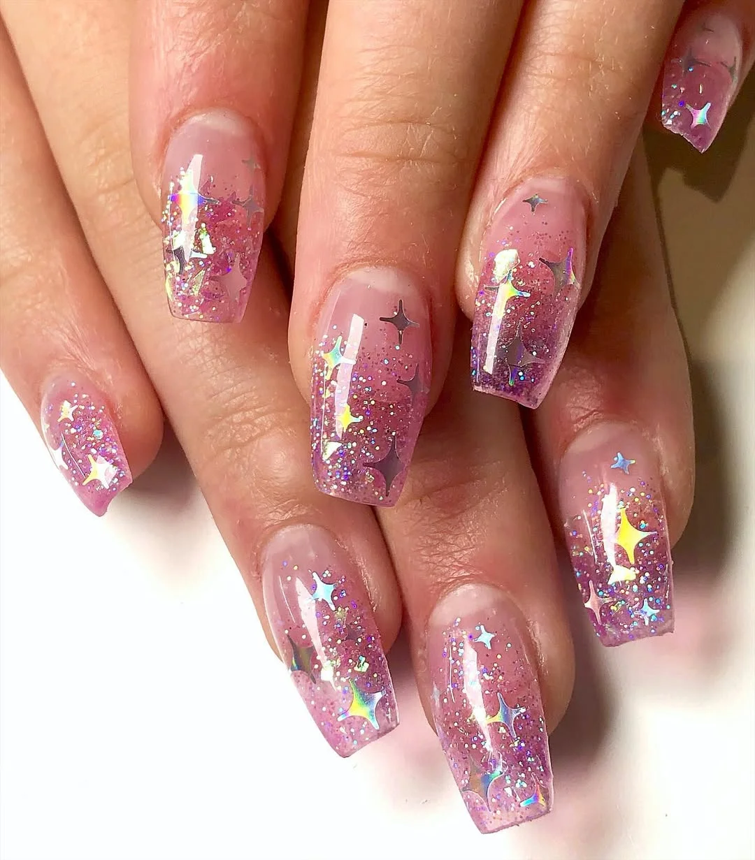 summer glitter nails 2026 Pink Cosmic Glitter Nails