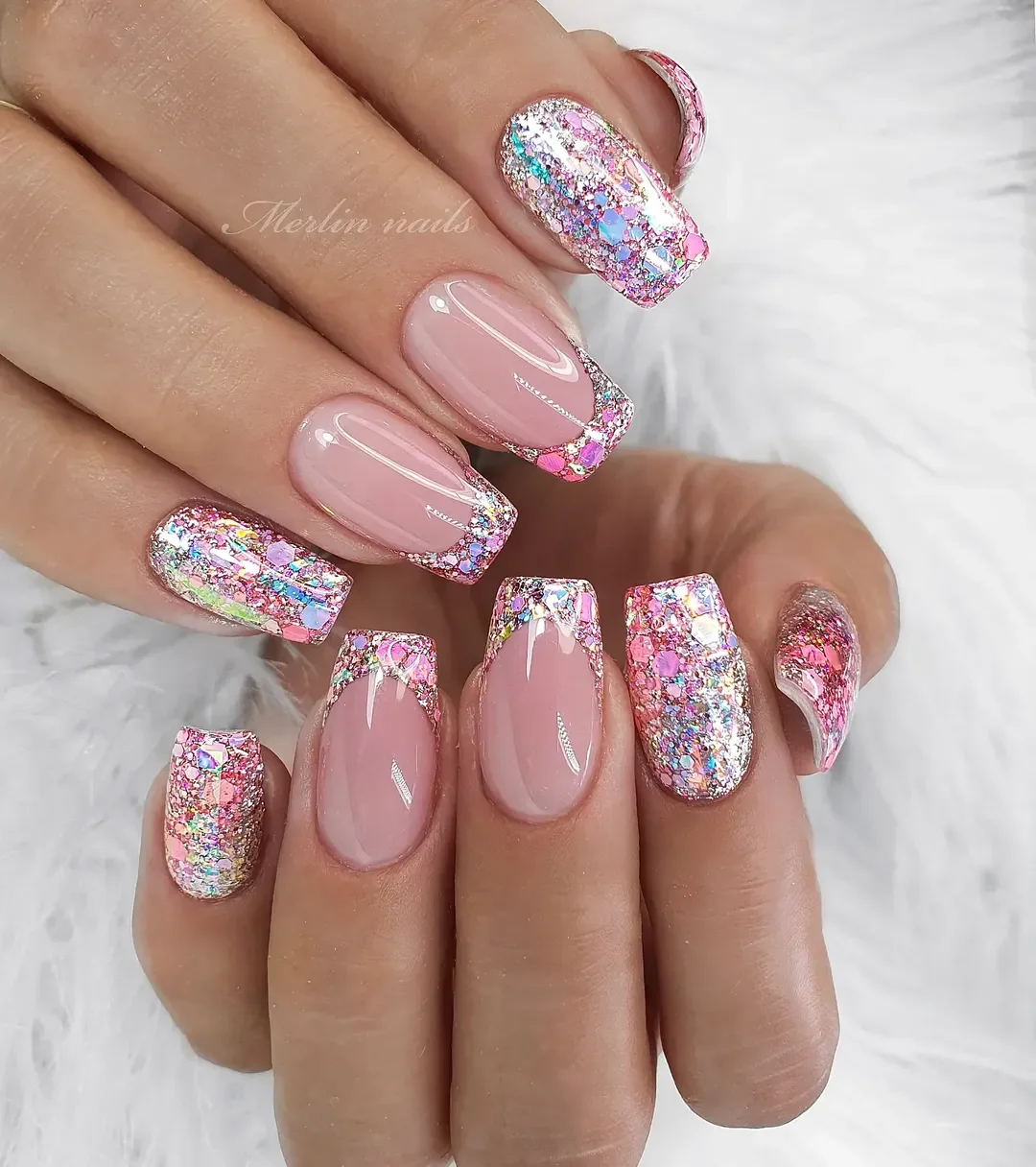 summer glitter nails 2026 Chunky Glitter French Tips In Pink Tones