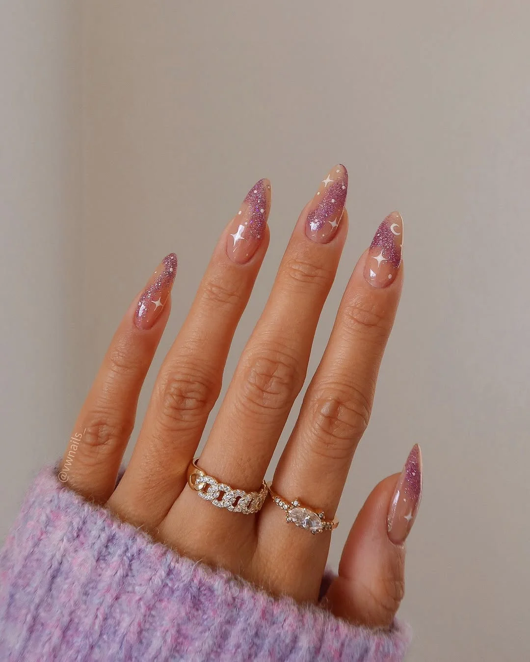 summer glitter nails 2026 Lavender Shimmer Almond Nails