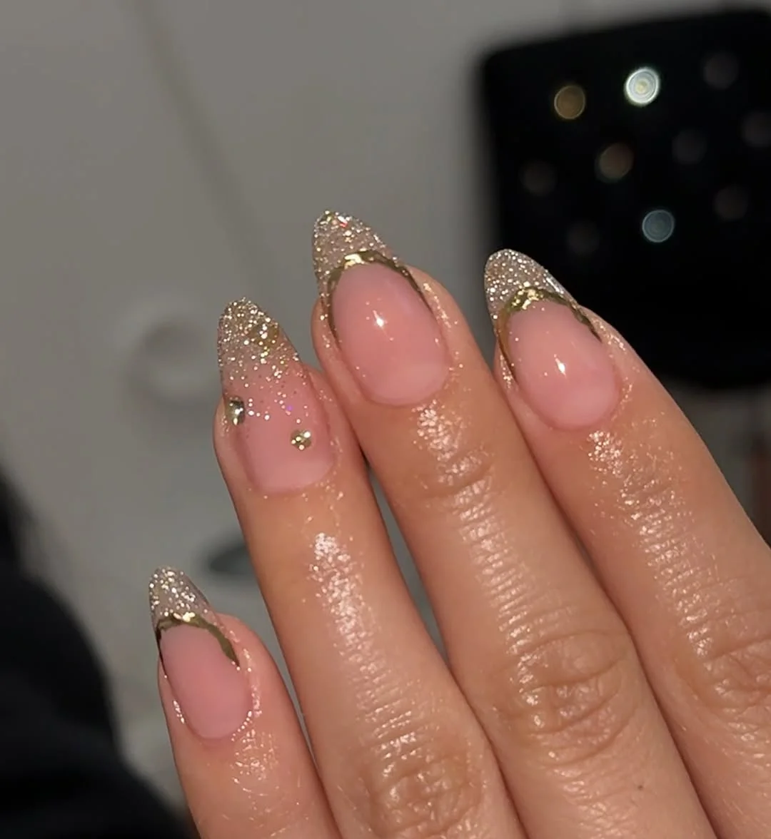 summer glitter nails 2026 Gold Glitter French Tips With Soft Glam Shine
