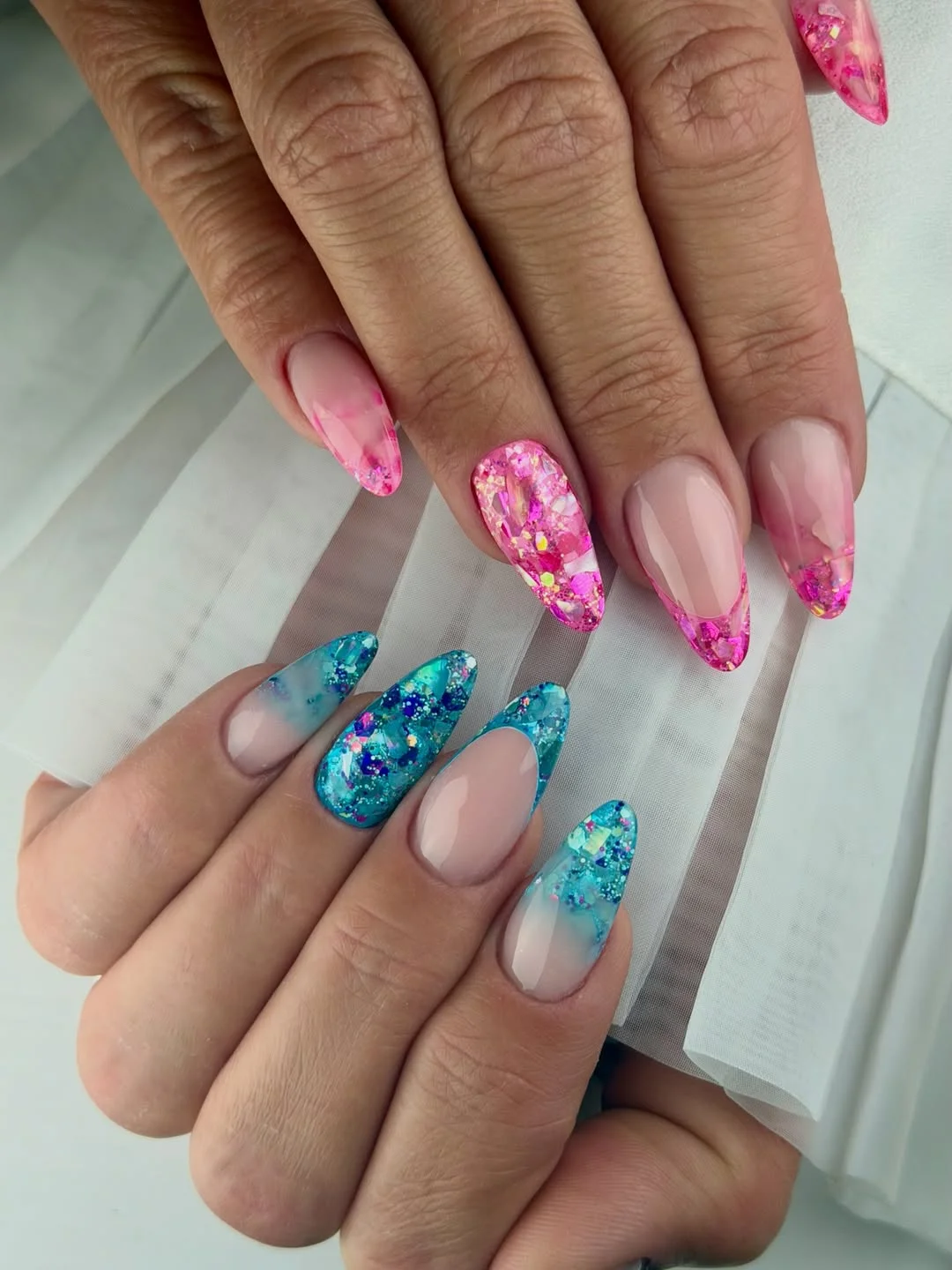summer glitter nails 2026 Bright Mermaid Glitter Almond Nails