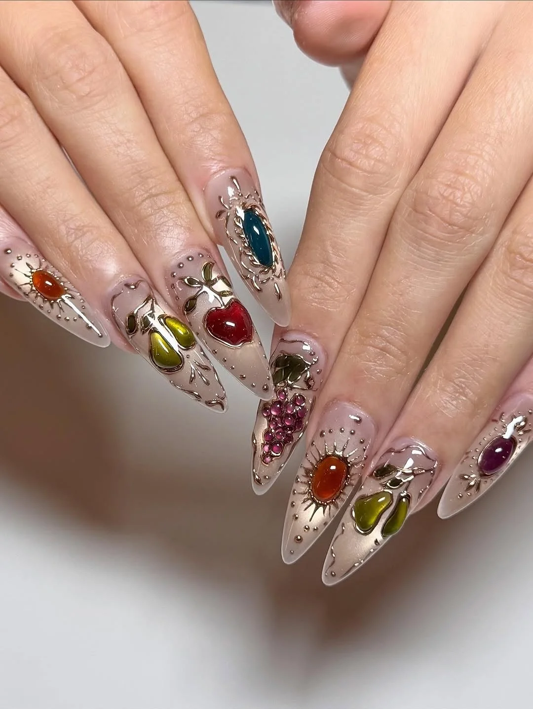 summer glitter nails 2026 Vintage Fruit Jewel Nails With Glossy Gem Details