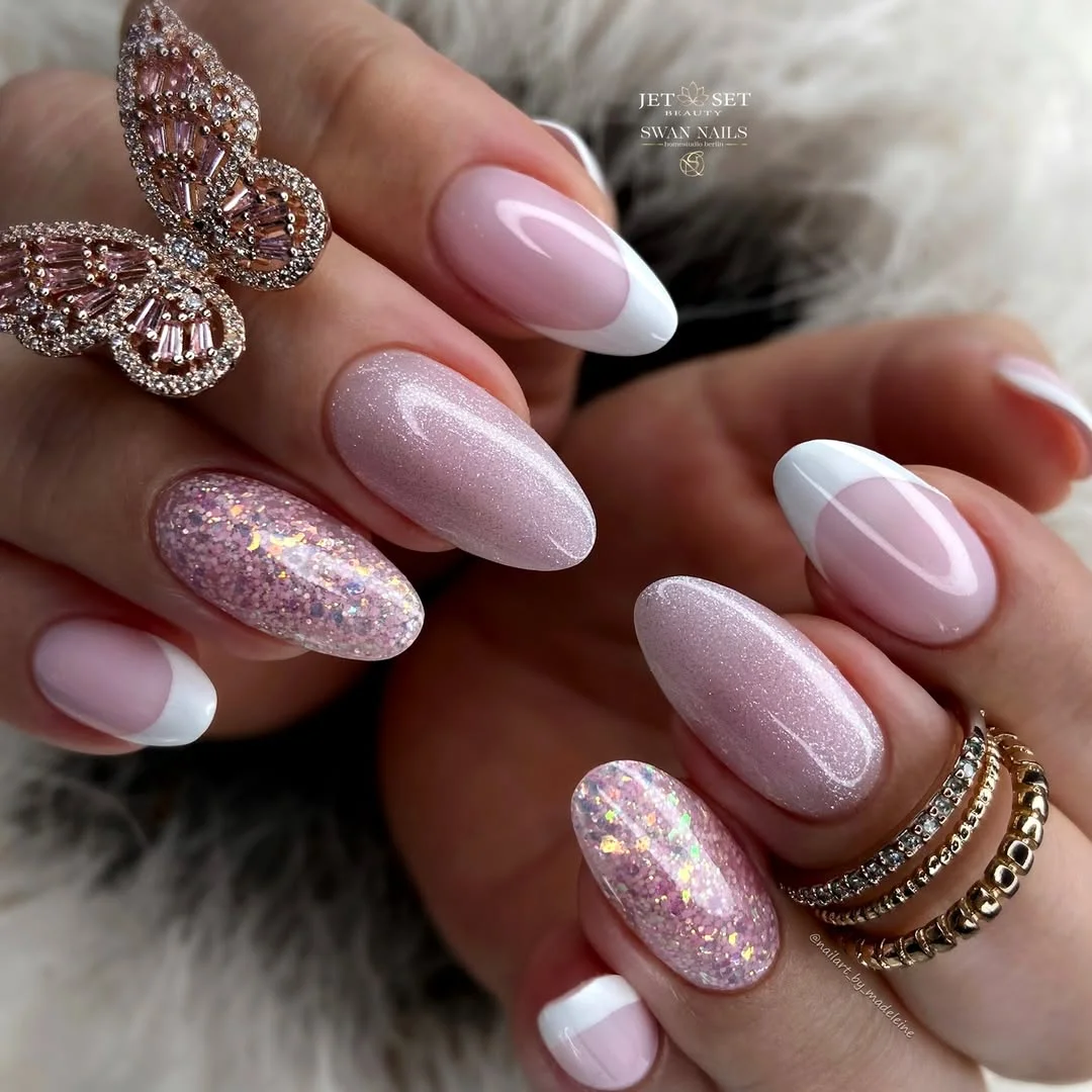 summer glitter nails 2026 Soft Pink French Glitter Nails