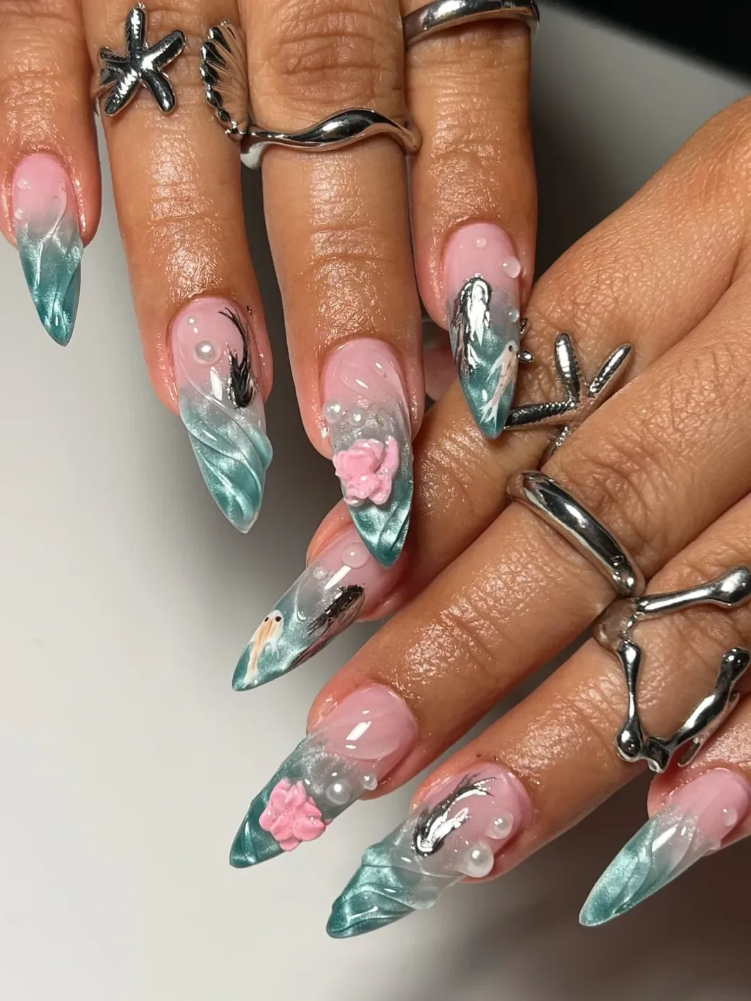 summer long nails 2026 Mermaid Blue Waves With Pearl Details