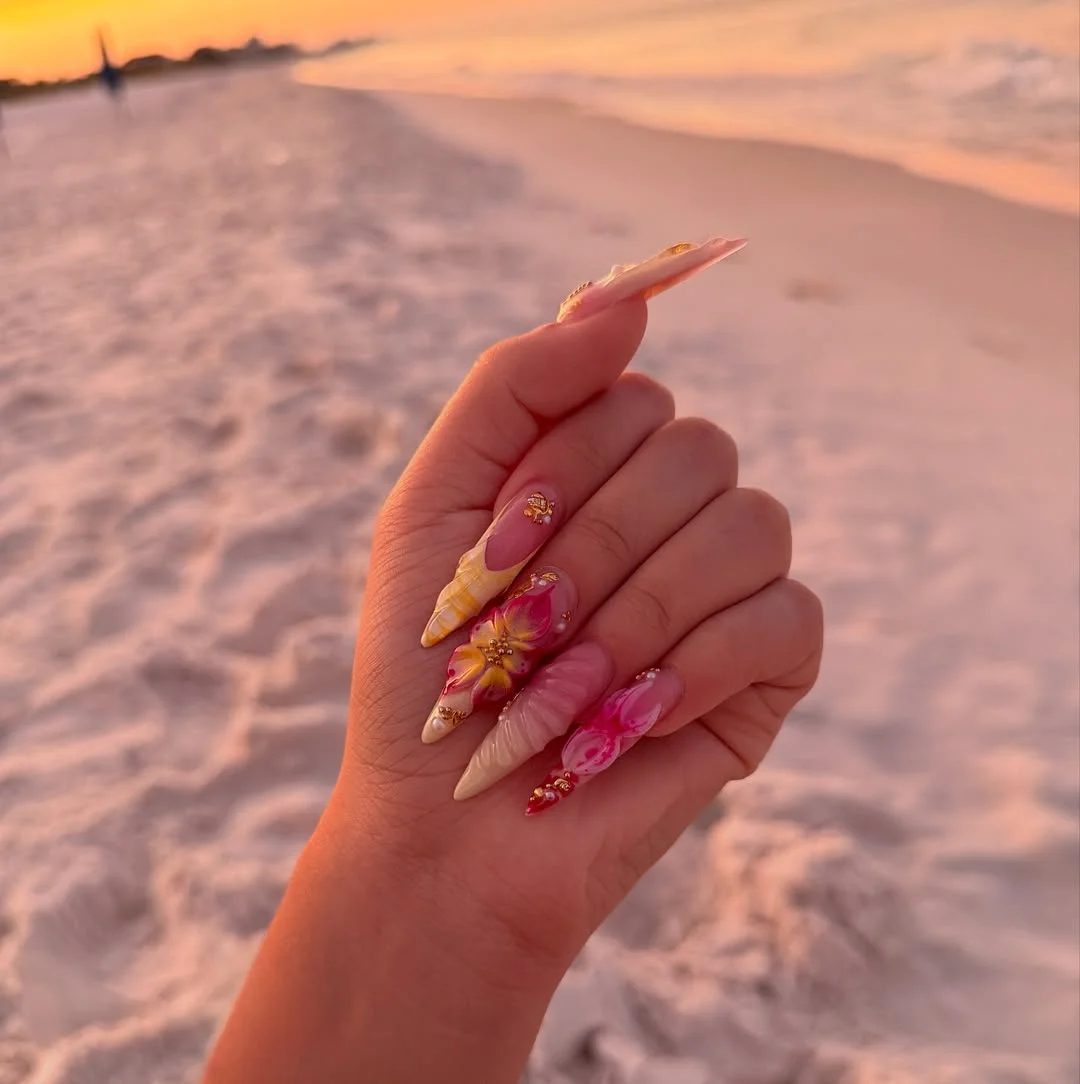summer long nails 2026 Tropical Sunset Bloom Stiletto Nails
