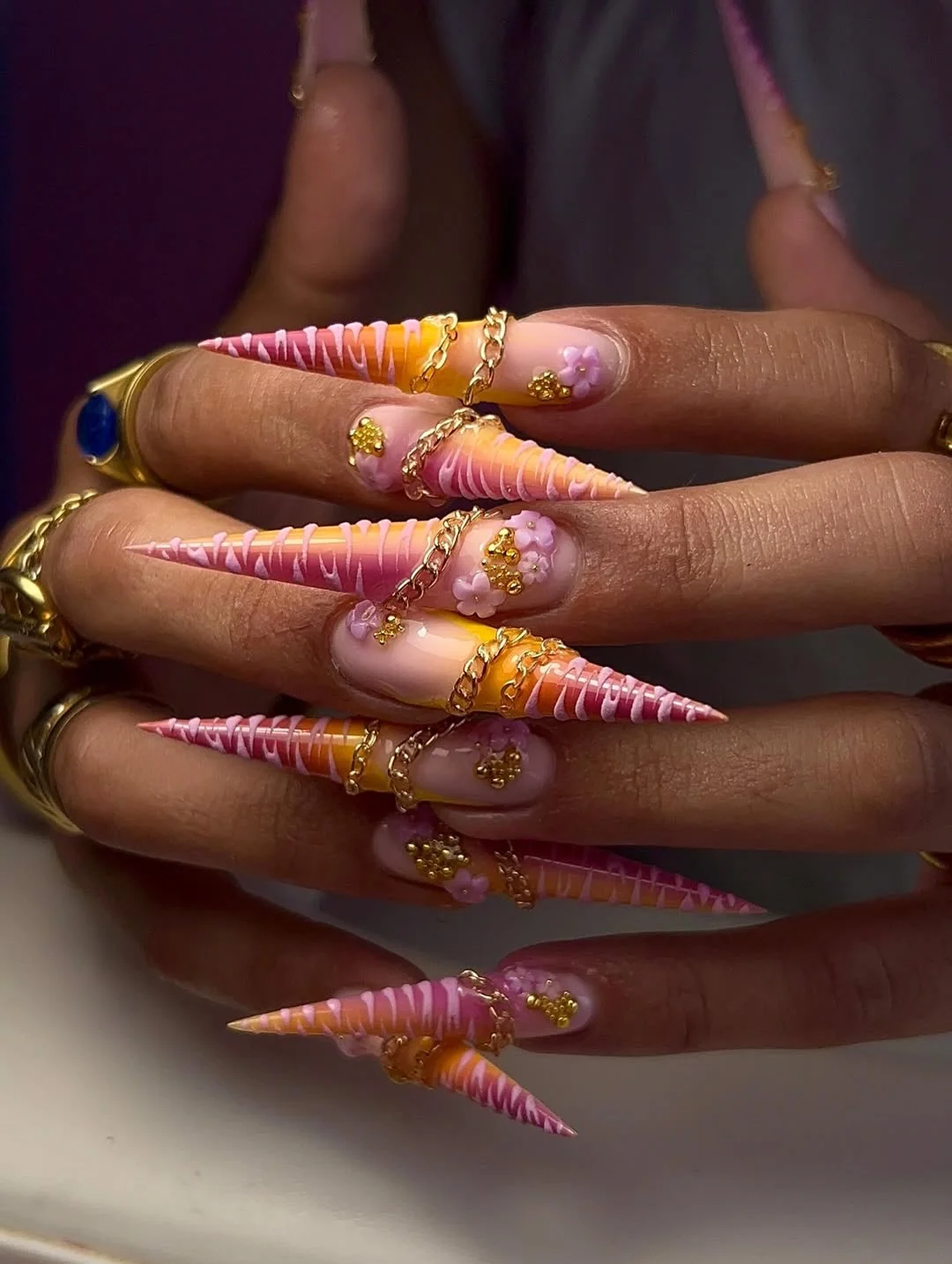 summer long nails 2026 Golden Chain Fantasy Stiletto Nails