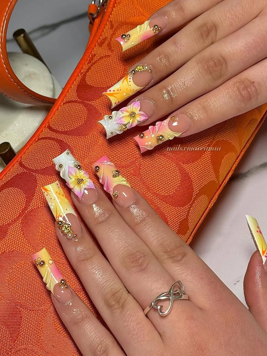 summer long nails 2026 Pink And Yellow Floral French Tips
