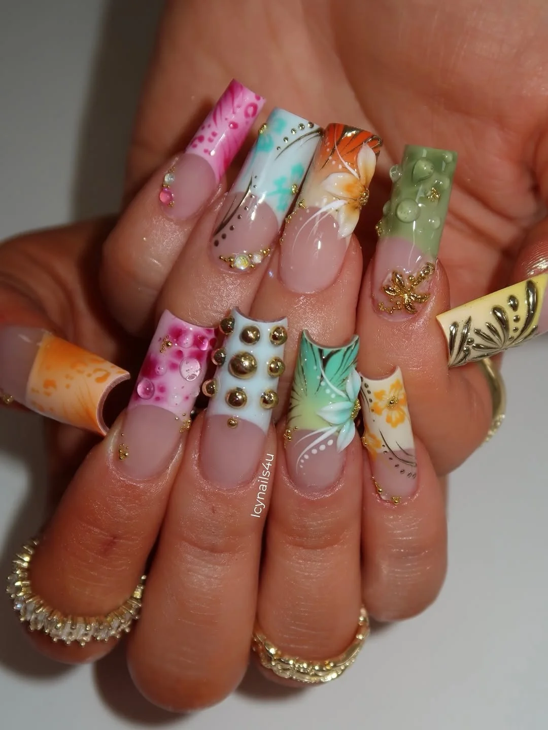 summer long nails 2026 Tropical Patchwork Square Nails
