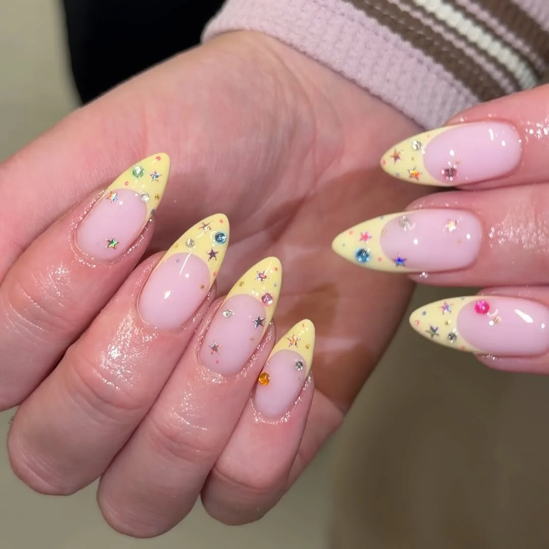 summer long nails 2026 Yellow Stardust French Almond Nails
