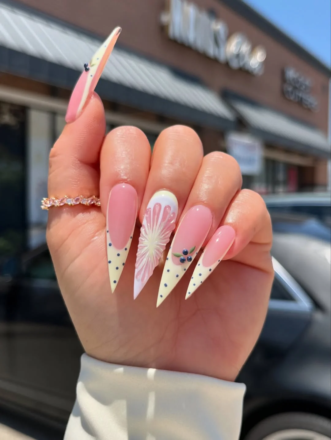 summer long nails 2026 Elegant Floral Stiletto French Tips