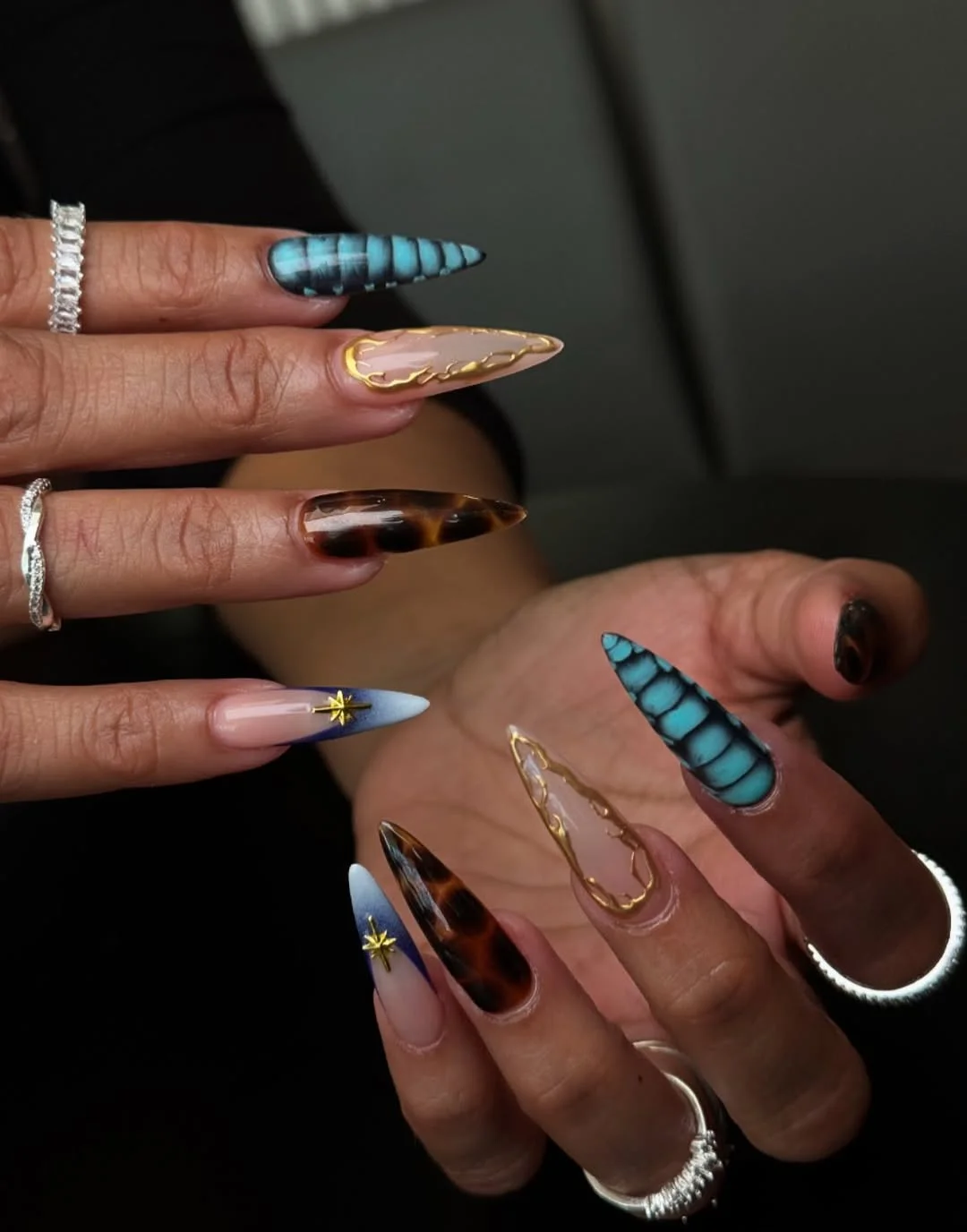 summer long nails 2026 Blue Butterfly And Tortoiseshell Stiletto Nails
