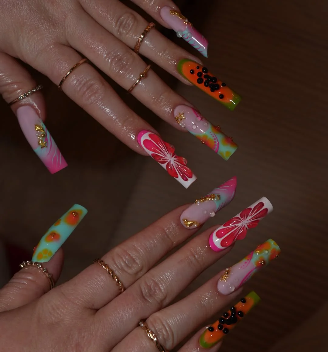summer long nails 2026 Tropical Fruit Cocktail Square Nails