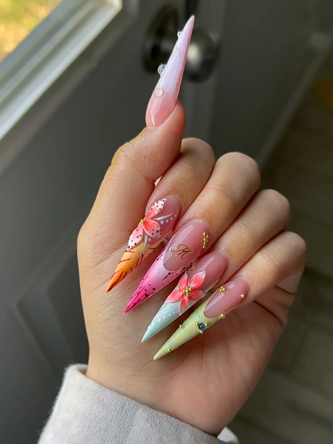 summer long nails 2026 Pastel Garden Stiletto Nails