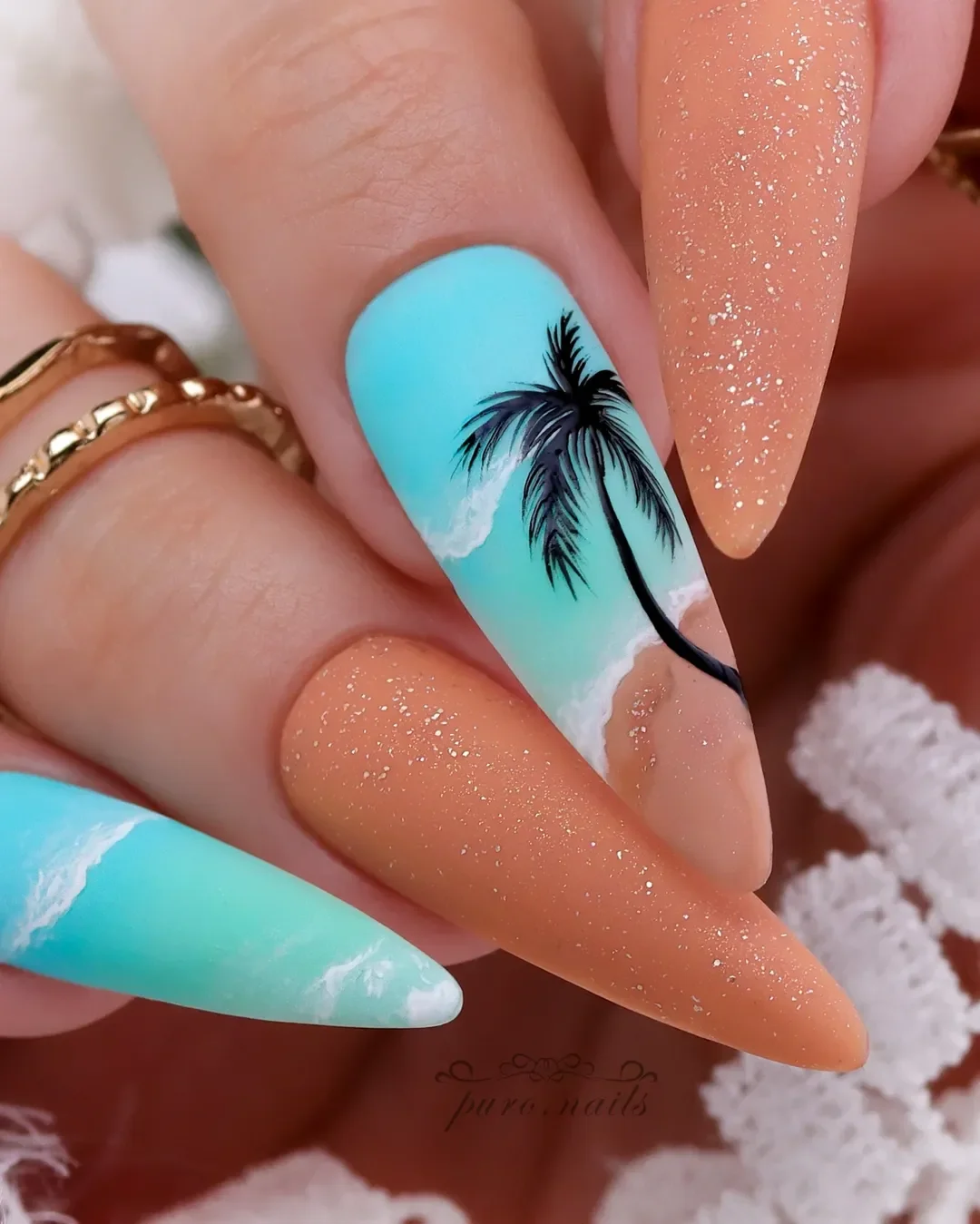 summer long nails 2026 Beach Escape Blue Nails