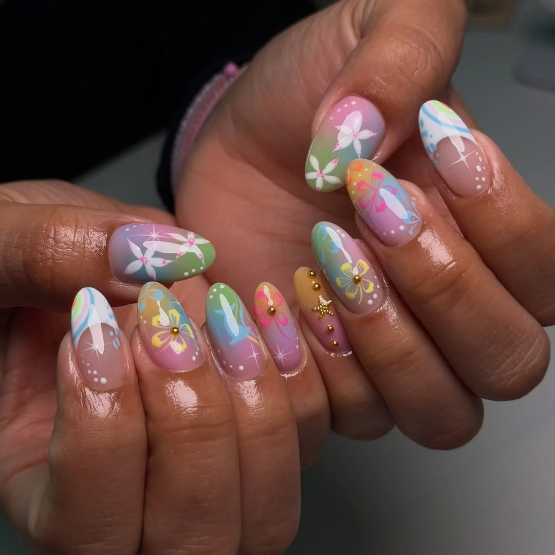 summer long nails 2026 Rainbow Bloom Almond Nails