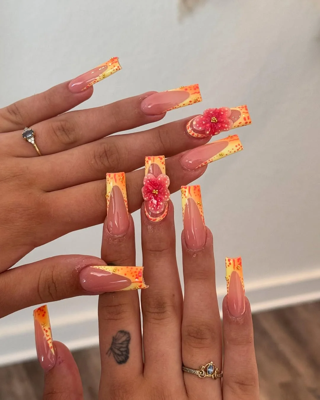 summer long nails 2026 Sunset Yellow French Florals
