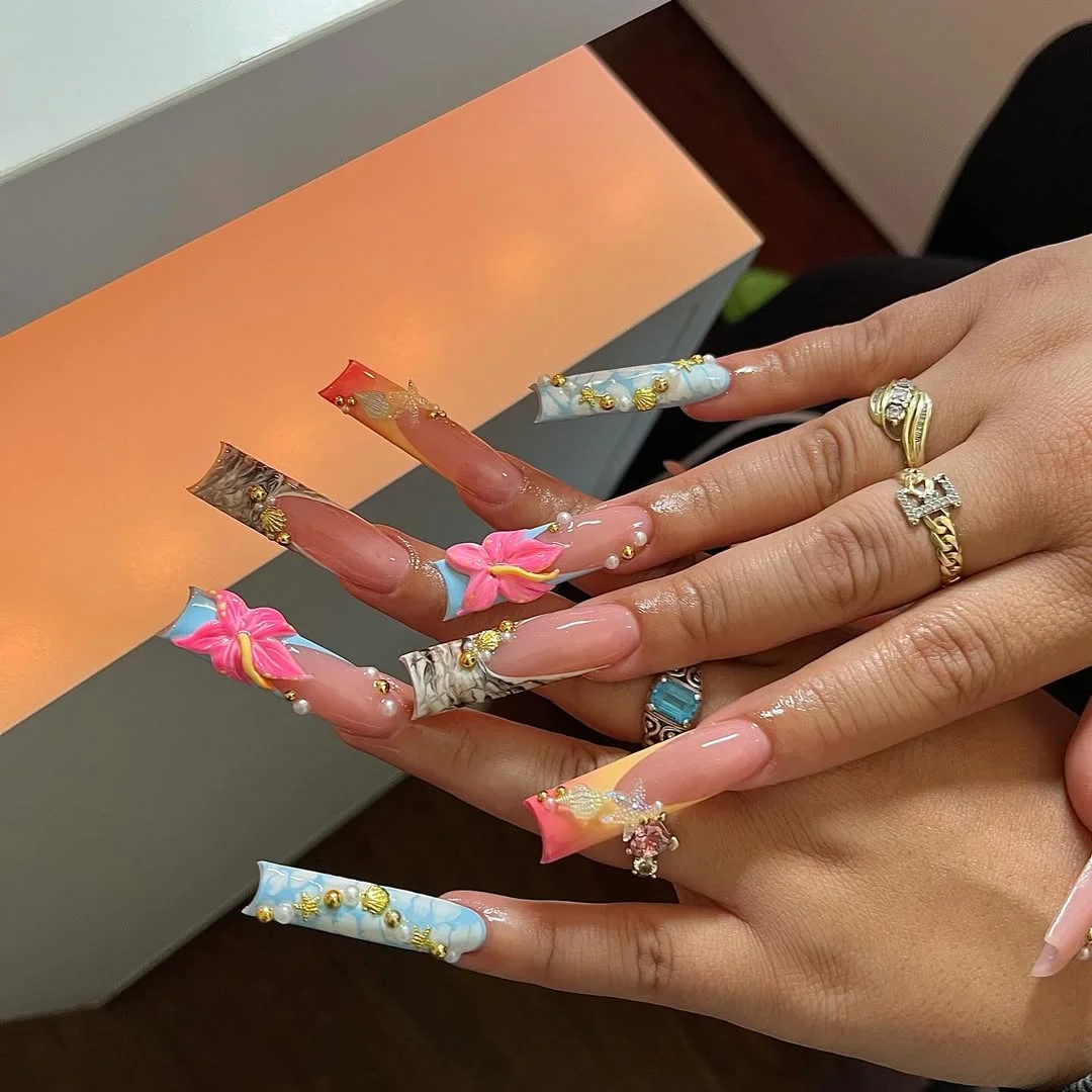 summer long nails 2026 Tropical Resort Mixed Art