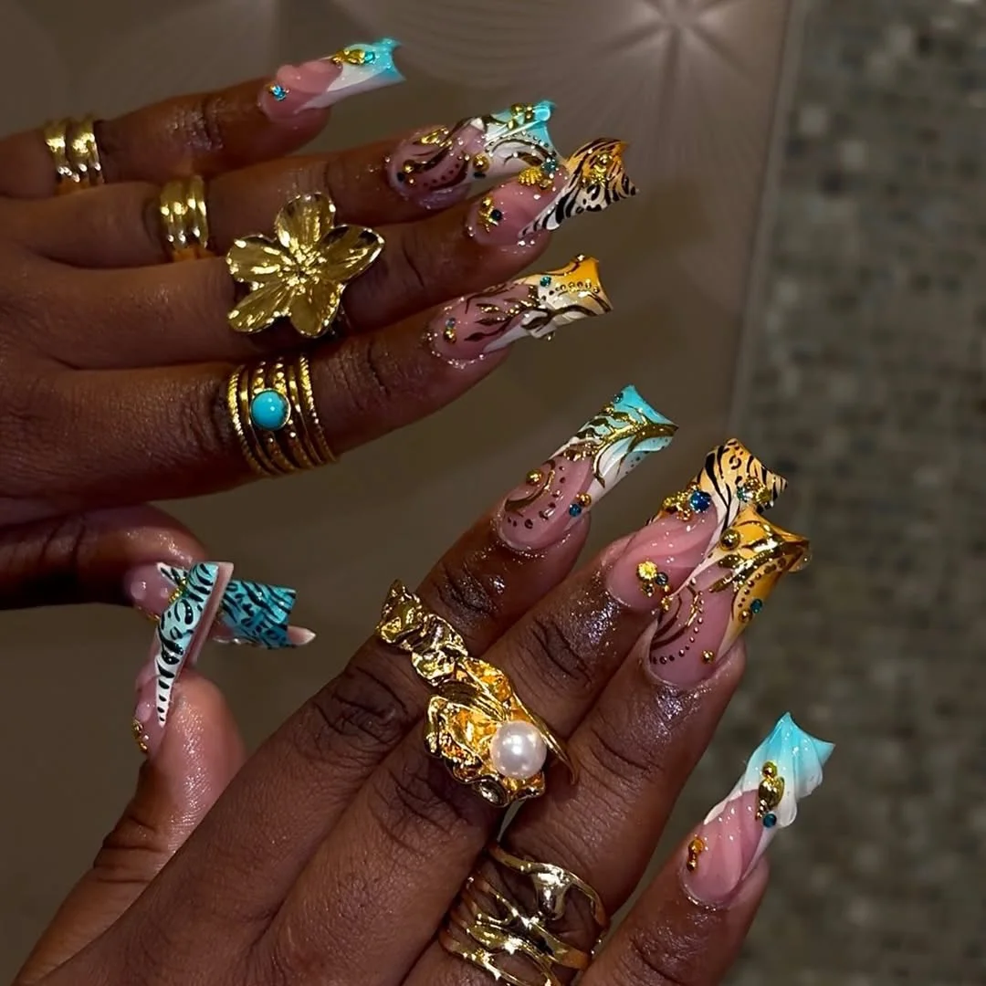 summer long nails 2026 Blue And Gold Island Glam